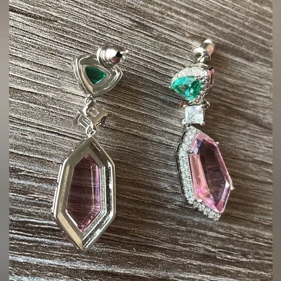 Pink and light green crystal earrings A227 - Picture 5 of 5